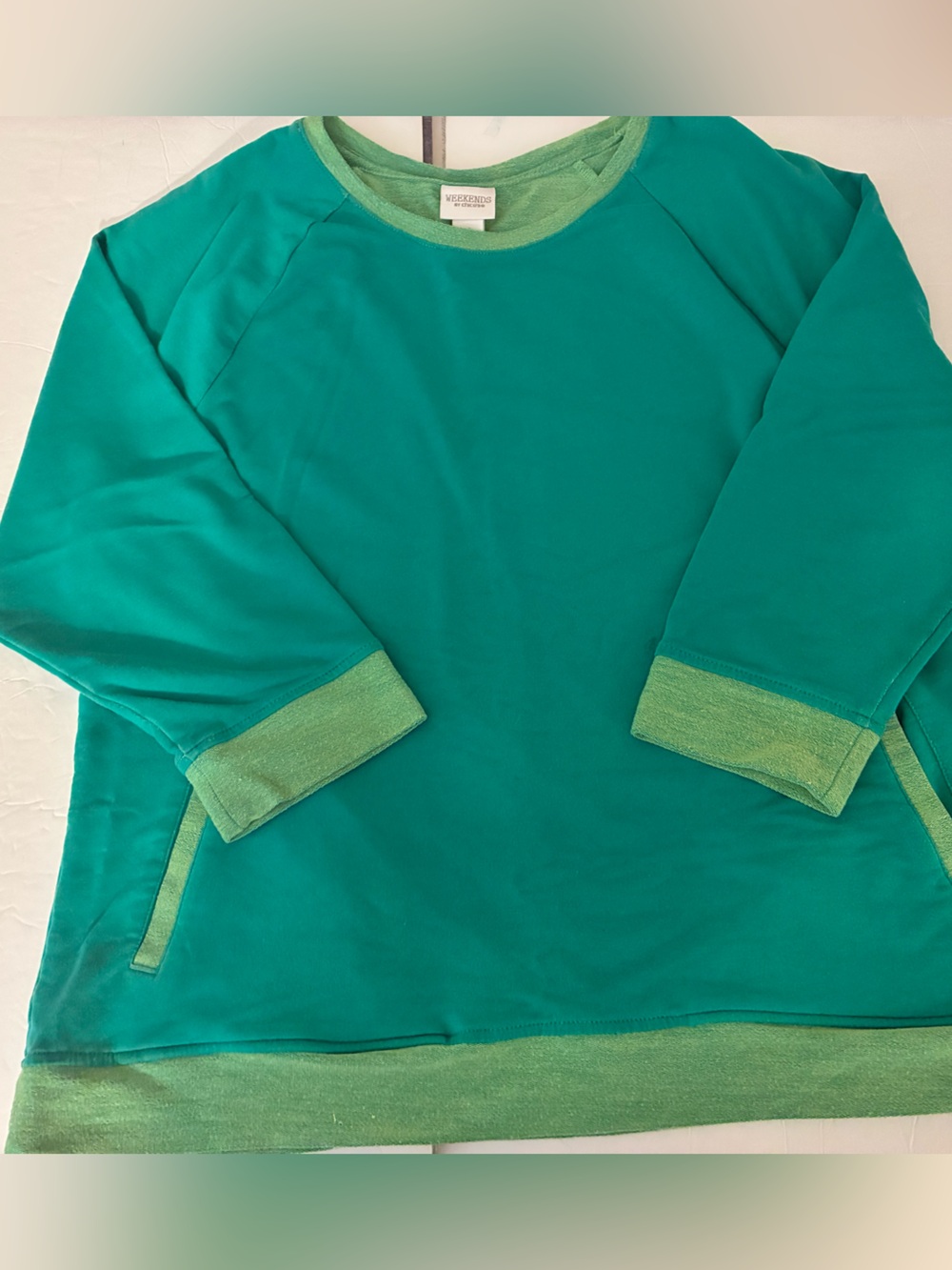 Chicos Weekend Green 3/4 Sleeve Pullover Crew Top 2 Casual Cottagecore Fall